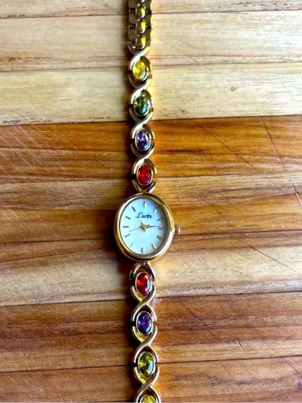Gold-tone High-End Women's Bracelet Watch with Multicolor Gem Accents - Picture 4 of 4
